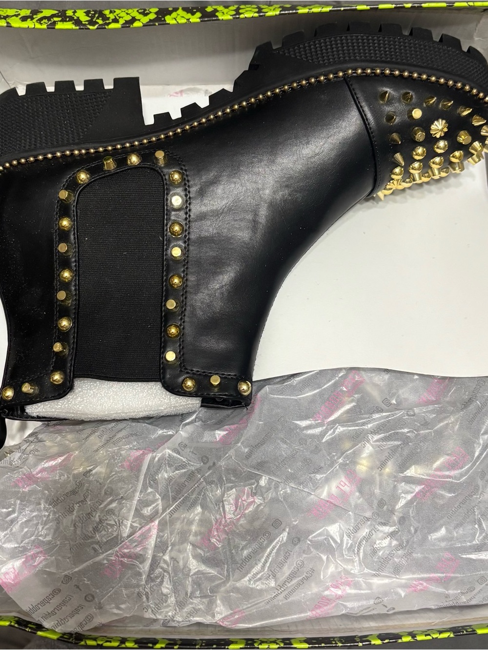 Black Leather Studded Chelsea Boot with Gold Accents - Picture 6 of 6